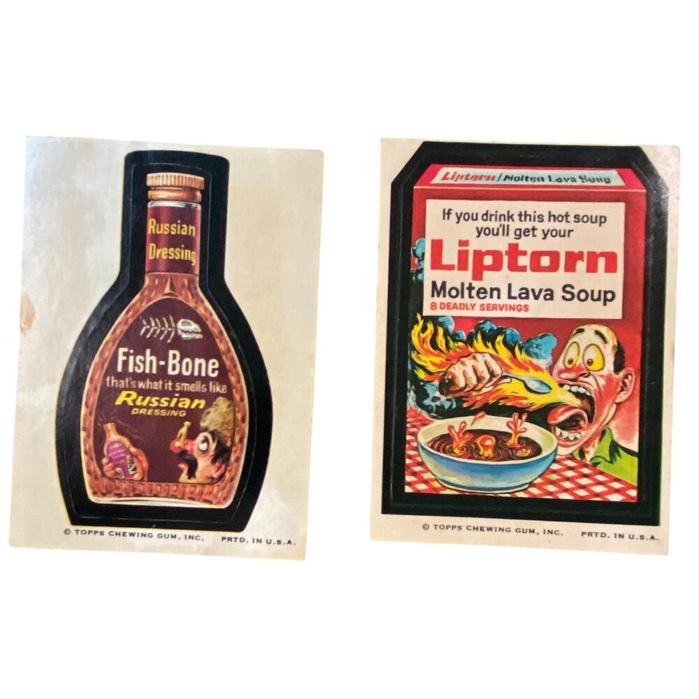 Topps Wacky Pack Stickers Liptorn Soup Fish Bone Dressing 1973 USA Made Lot of 2